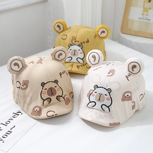 Baby Peaked Cap Toddler Baseball Hat Cotton Blend Cartoon Bear Print With Plush Bear Ears Breathable Sunshade Outdoor Infants