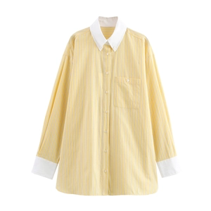 Women Long Sleeve Striped Shirt Dress Contrast Collar Color Block Preppy Mini Dress Button Up Casual Tunic Yellow White