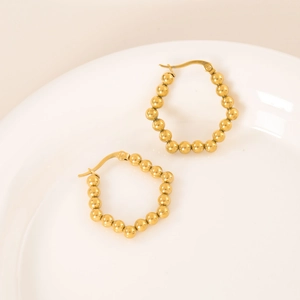 Fashionable gold beaded hoop earrings in polished stainless steel for women