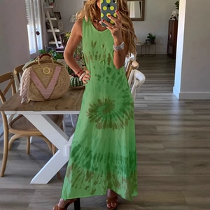 Women's green tie-dye sleeveless maxi beach dress with round neck and flowy silhouette