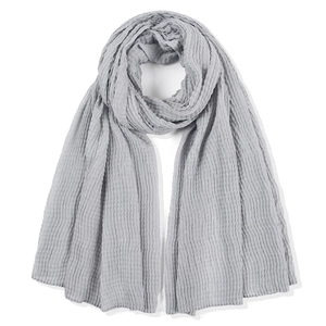 Elegant grey pleated cotton linen scarf with waffle texture displayed on white background