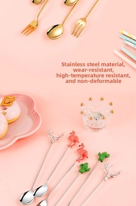 Macro detail of 304 stainless steel dessert spoons with deer and flamingo handles