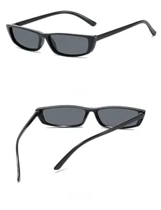 Detailed views of narrow black rectangular sunglasses from side and back angles