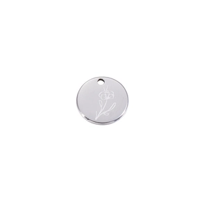 Detailed view of silver stainless steel round pendant with engraved floral birthday flower