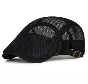 Detail view of black mesh beret showing breathable fabric and side metal buckle