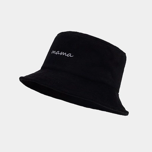 Detailed view of white mama script embroidery on black autumn cotton bucket hat