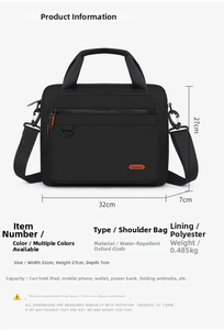 Detailed dimensions of waterproof black shoulder bag for iPad and daily essentials