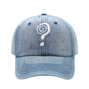 Classic light blue washed denim baseball cap with white embroidered question mark icon