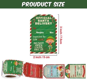 Detailed view of 3x2 inch Christmas gift labels showing Santa and Elf illustrations