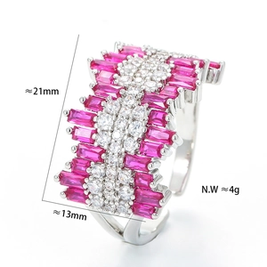 Adjustable silver fashion ring with rectangle pink gems and size dimensions