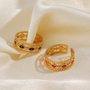 Bohemian gold stainless steel open ring with colorful enamel evil eye and twisted edge