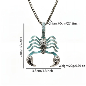 Retro scorpion pendant necklace with blue enamel and dimensions: 4.6cm by 3.3cm with 70cm chain