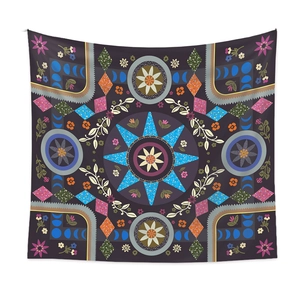 Bohemian mandala wall tapestry featuring moon phases and geometric patterns in purple