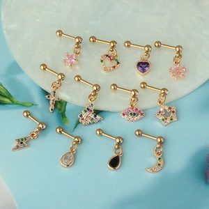 Detailed set of 11 gold stainless steel cartilage earrings with colorful zircon charms