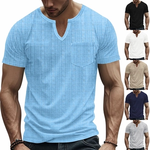 Detail view of men V-neck t-shirt with waffle texture and a functional chest pocket