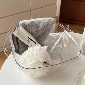 Transparent PET plastic washbasin with round handles for bathroom storage and home use