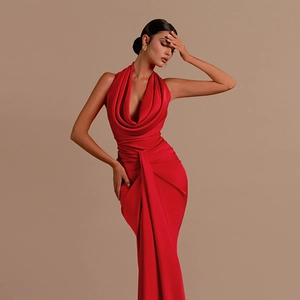 Elegant red backless halter satin maxi dress with deep V-neck and draped details