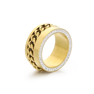 Bague chaîne hip hop dorée pour femme avec oxydes de zirconium sur acier inoxydable