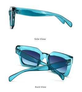 Detail view of teal transparent square sunglasses frame with blue gradient lenses
