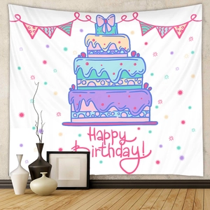 Detail of white birthday tapestry featuring a colorful cake and Happy Birthday text
