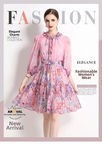 Detail of ruffled neckline and bow tie on a pink floral chiffon lantern sleeve dress