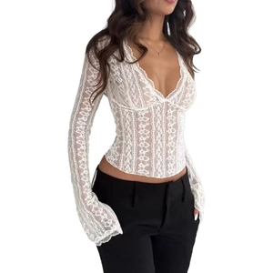 White sheer lace long sleeve top featuring a deep V-neck and flared cuffs for women