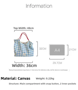 Detailed size chart of blue plaid canvas tote bag showing dimensions and interior pockets