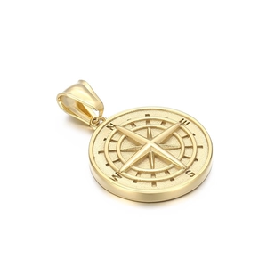 Golden stainless steel compass pendant necklace featuring embossed starburst design