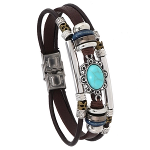 Retro Multilayer Leather Bracelet For Men With Turquoise Stone Stainless Steel Tube Handmade Woven Hip Hop Style Wristband