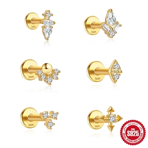 925 Sterling Silver Cartilage Stud Earrings For Women With Zirconia Flat Back Threaded Piercing Jewelry