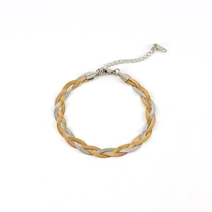 Three-tone braided stainless steel blade chain bracelet with gold and silver finishes