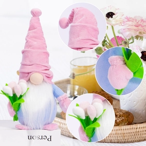 Detailed view of plush gnome texture with heart tulip bouquet and long white beard