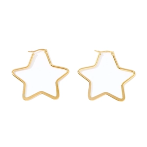 Minimalist gold plated stainless steel star hoop earrings for women on white background