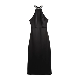 Elegant black halter evening dress with rhinestone neck and sleek satin finish