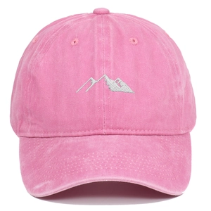 Detailed front view of pink washed cotton baseball cap with silver mountain embroidery