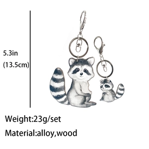 Set of 2 wooden raccoon keychains made of alloy and wood for mother and child gifts