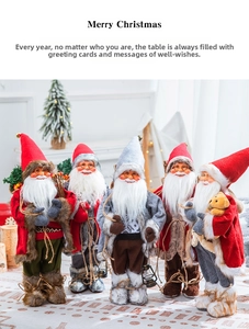 Close-up of five decorative Santa Claus figures with detailed festive accessories