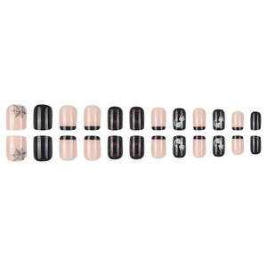 Short square press-on nails with Halloween spider web, heart and cute cat patterns