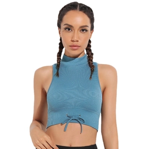 Top corto blu a coste senza maniche da donna con coulisse e collo alto sportivo