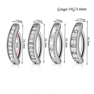 Detailed dimensions for four 14G stainless steel navel rings with clear zircon stones
