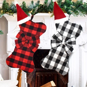 Christmas Stocking Dog Bone Shape Buffalo Plaid Polyester Fabric With Bow And Santa Hat Hanging Holiday Home Decor