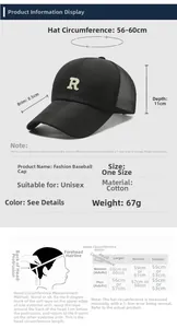 Size chart showing baseball cap dimensions including 8.5cm brim and 56-60cm circumference