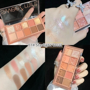 Detailed swatches of 10-color eyeshadow palette in coral and earthy tones on skin