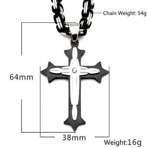 Pendentif croix en acier inoxydable à trois couches avec strass et chaîne de 5 mm faite main