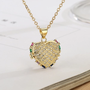 Gold heart pendant necklace with clear zircons and multi-color rectangular gemstones