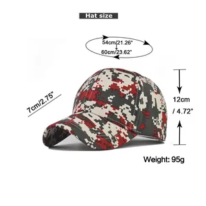 Size chart showing circumference, brim, and height for digital camo baseball cap