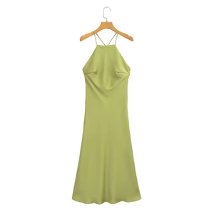 Elegant grass green satin halter dress with silk texture and cross back strap design
