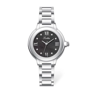 Montre élégante pour femme en acier inoxydable argenté avec cadran noir chic