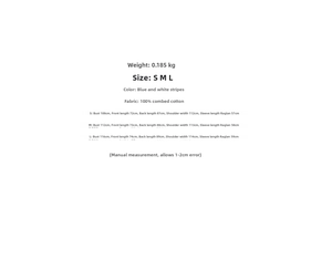 Size chart for blue and white striped shirt with detailed measurements in centimeters