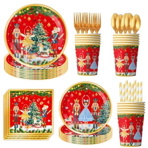 Nutcracker Christmas party tableware set with plates, cups and napkins on white background